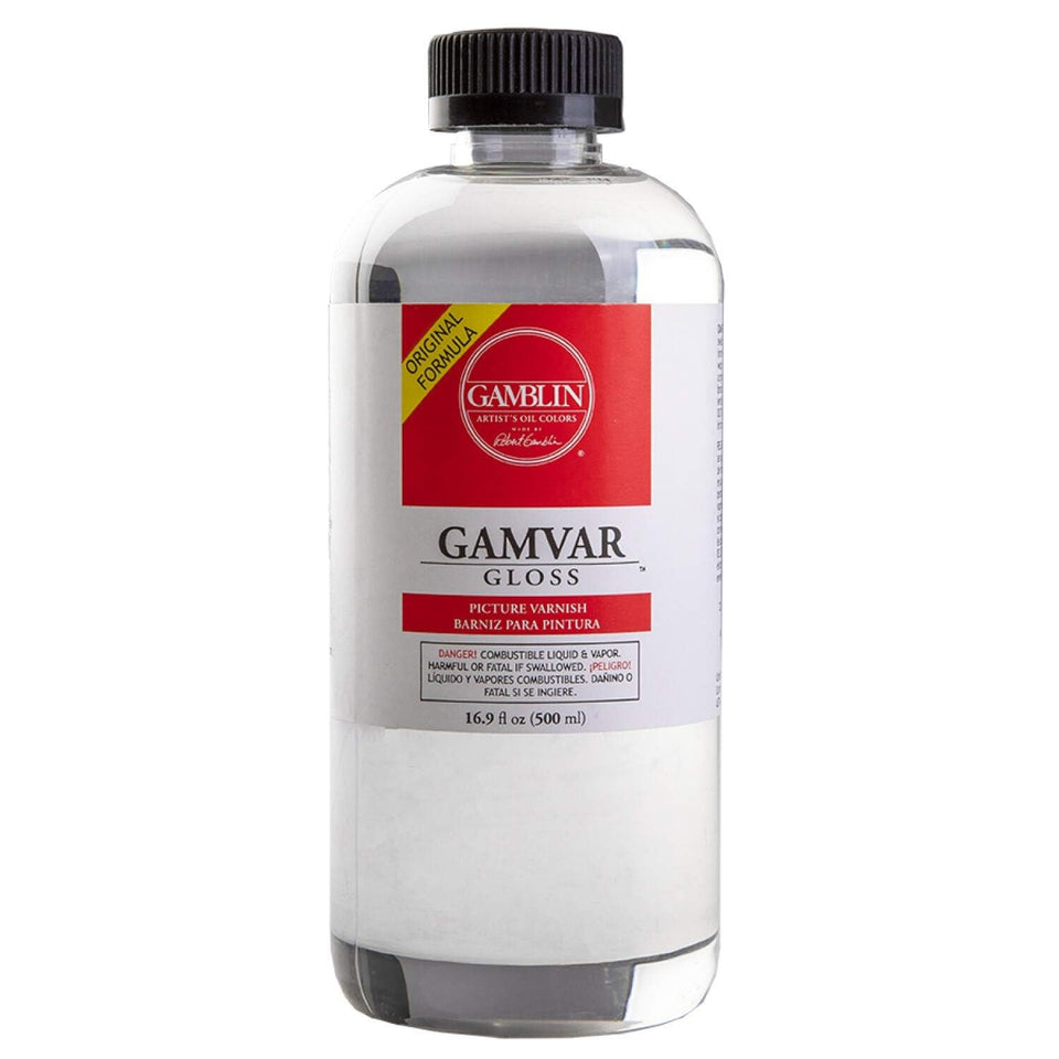 Gamblin Gamvar Pict Varnish coating delivers water-clear gloss and enhanced color depth.