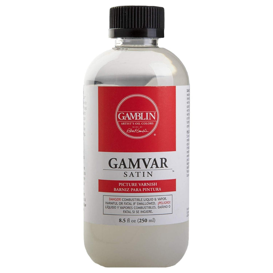 Gamblin Gamvar Pict Varnish 8.5 oz satin jar protects color depth with removable satin finish