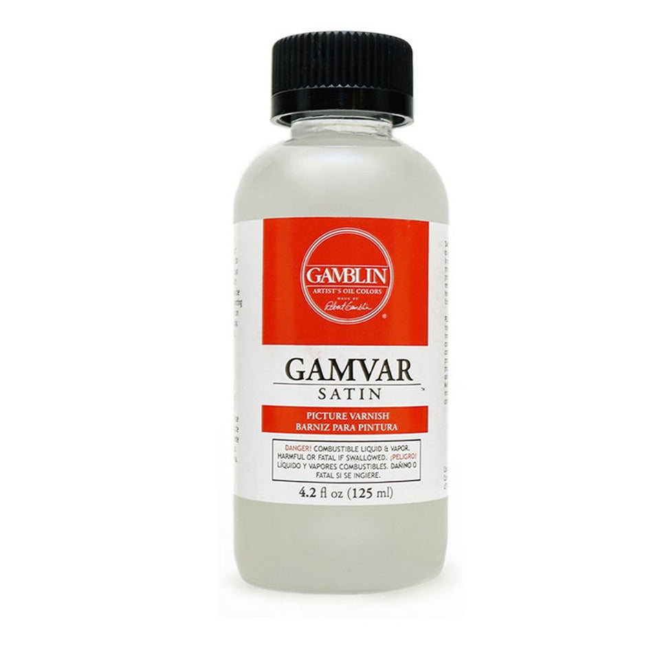 Gamblin Gamvar Pict Varnish Satin finish protects paintings with a gentle satin sheen