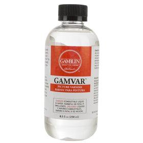 Gamblin Gamvar Picture Varnish 8.5oz bottle showing glossy finish for artwork protection