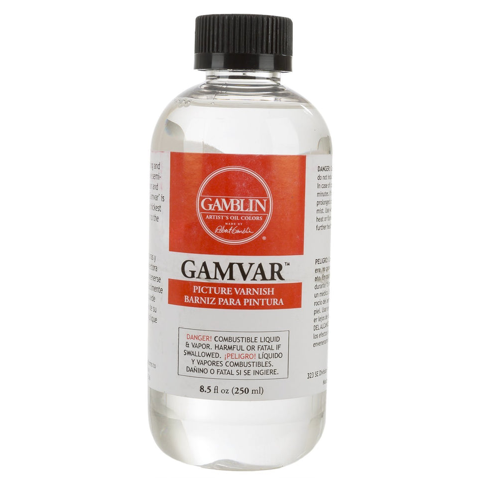 Gamblin Gamvar Picture Varnish 8.5oz bottle showing glossy finish for artwork protection