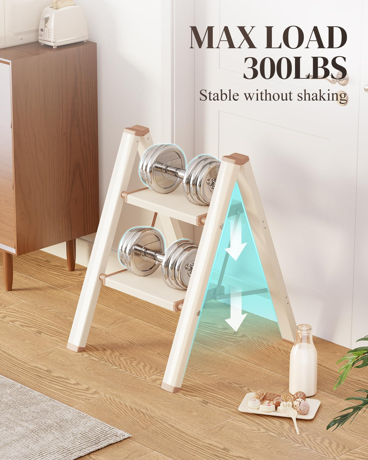 GameGem 2 Step Ladder folded slim fits behind a door for easy storage.