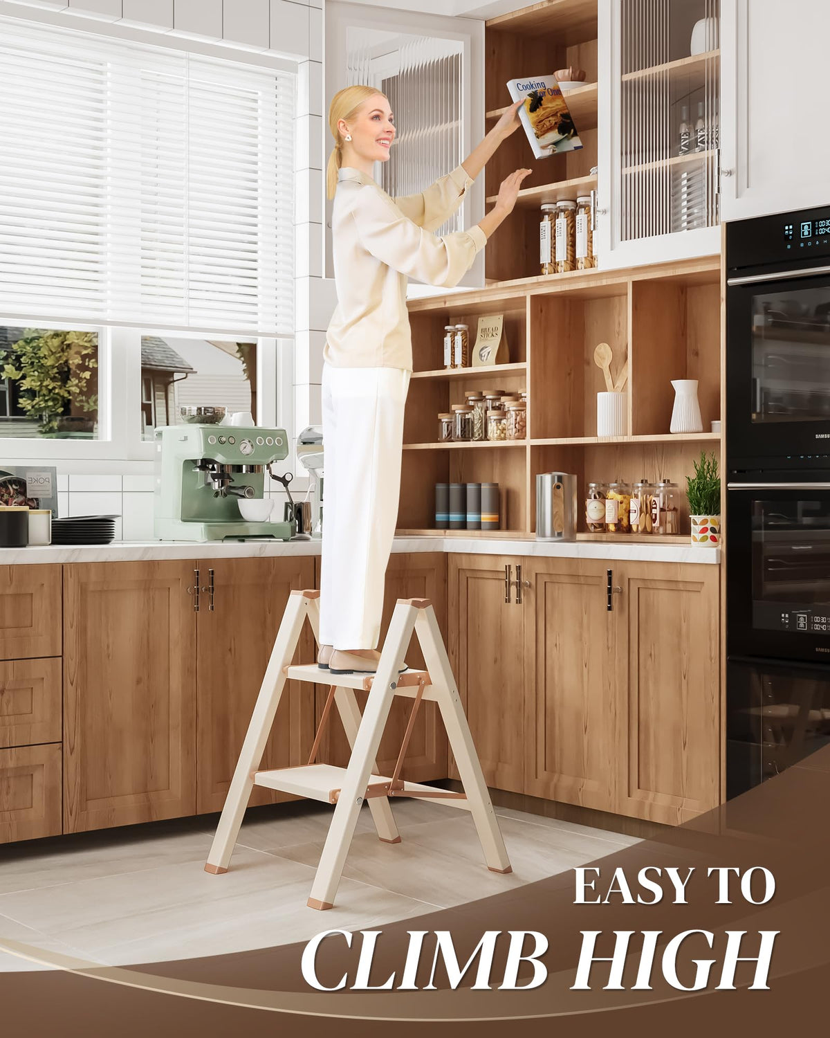 GameGem 2 Step Ladder in kitchen helps reach high shelves safely.