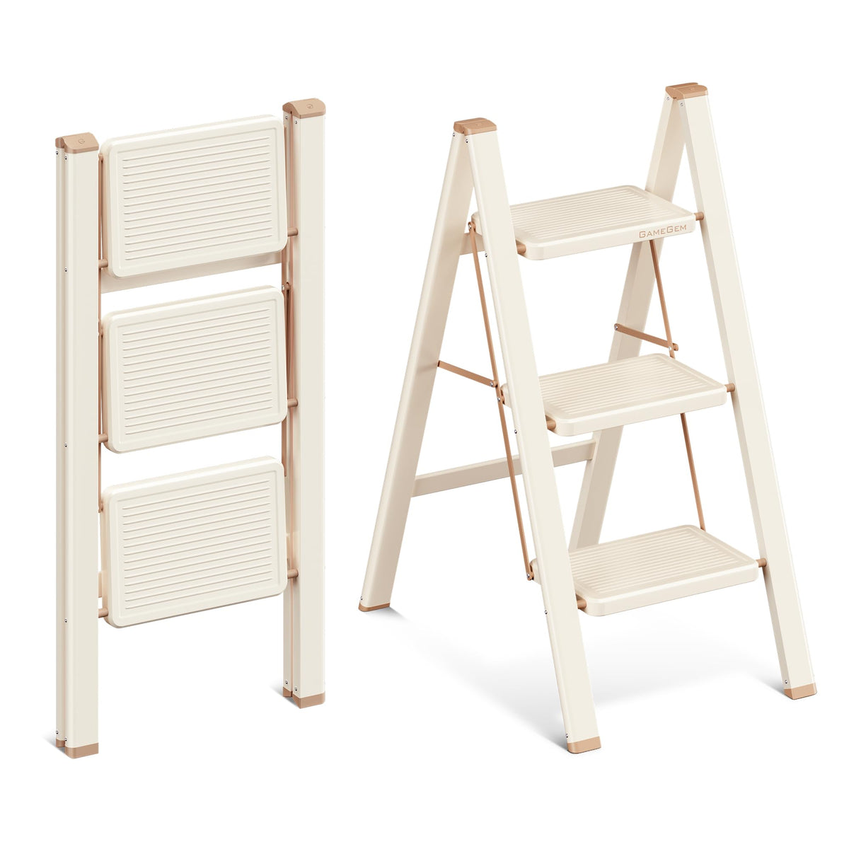 GameGem 3 Step Ladder open front view for easy reach and stability.