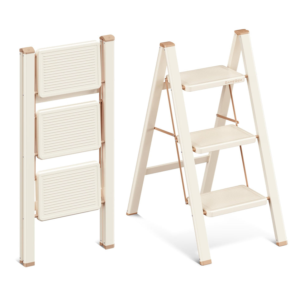 GameGem 3 Step Ladder open front view for easy reach and stability.