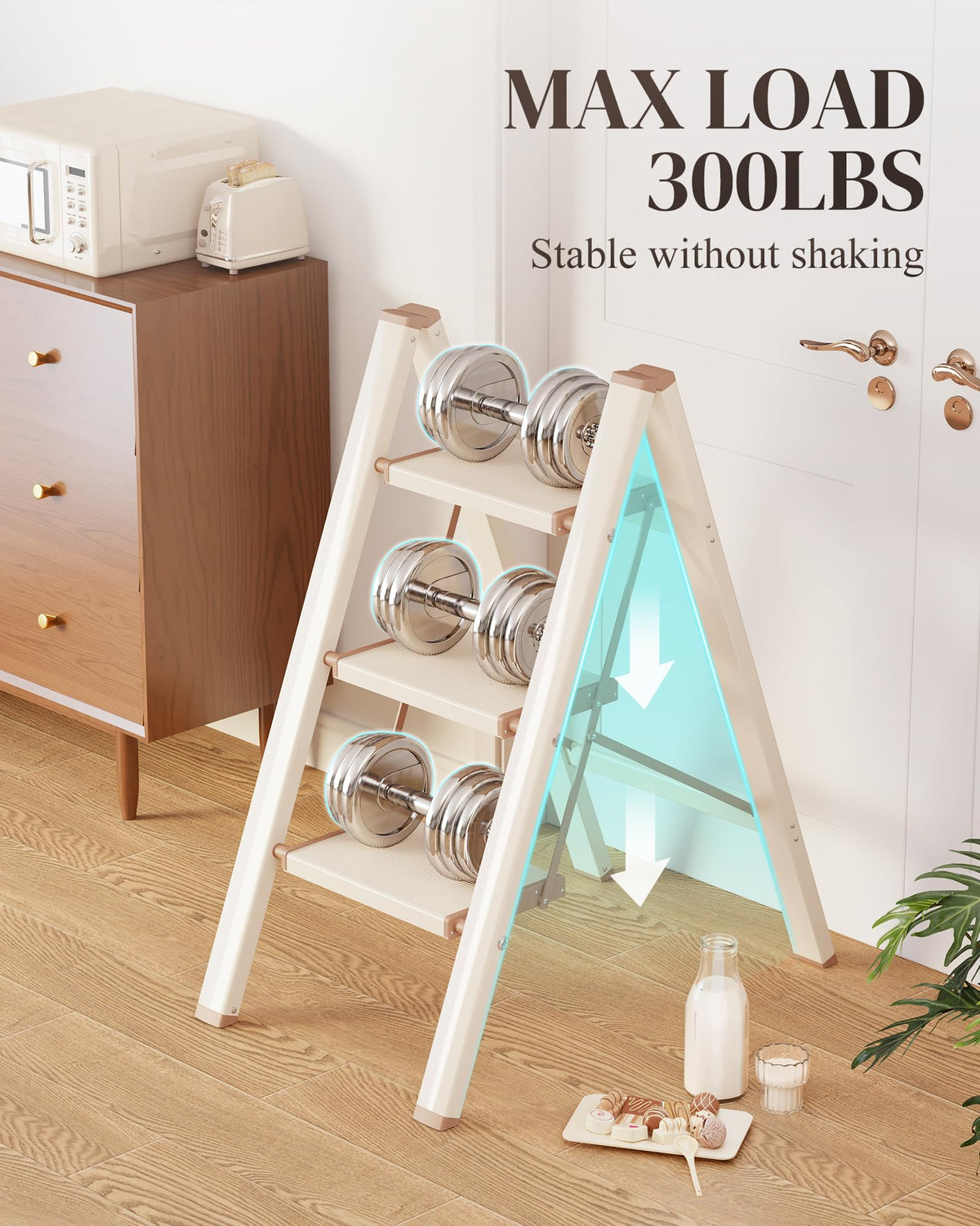 GameGem 3 Step Ladder sturdy-aluminum-frame provides lightweight strength.