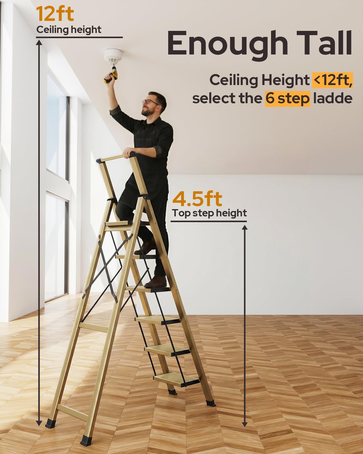 GameGem 6 Step Ladder aluminum-frame offers lightweight, durable support for frequent use