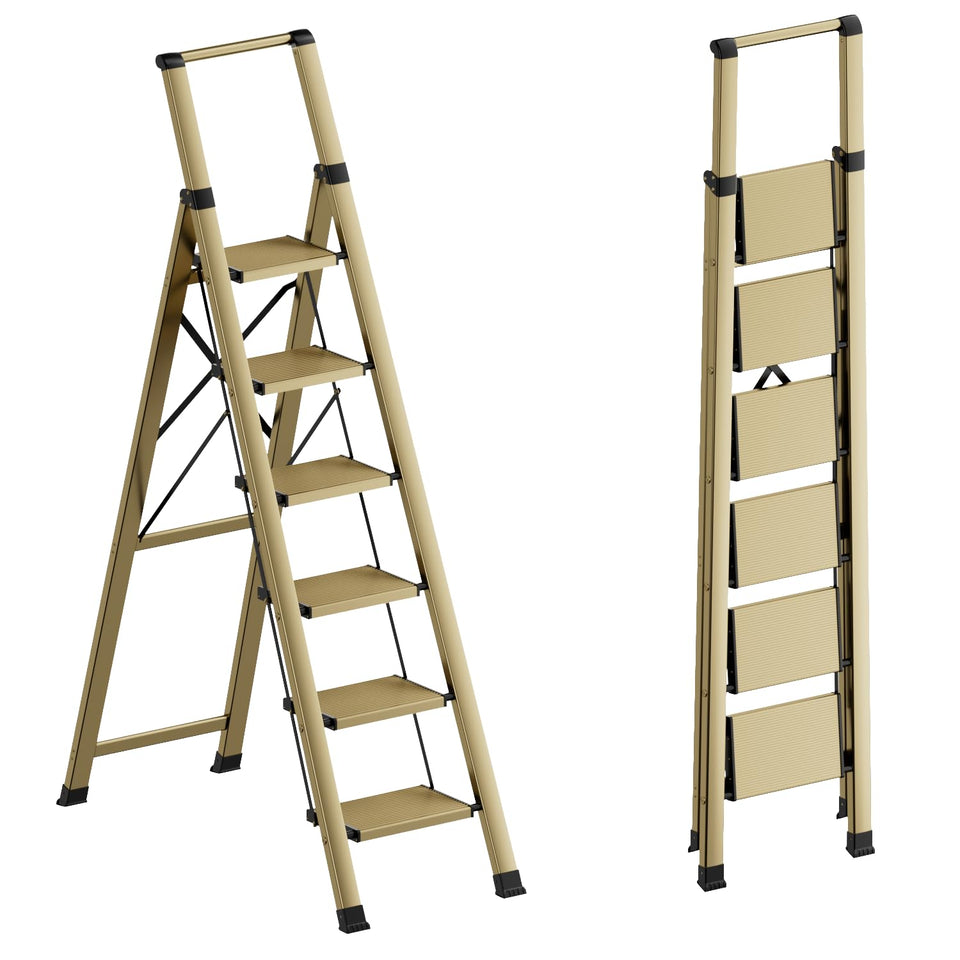 GameGem 6 Step Ladder folded-storage shows compact design and easy portability
