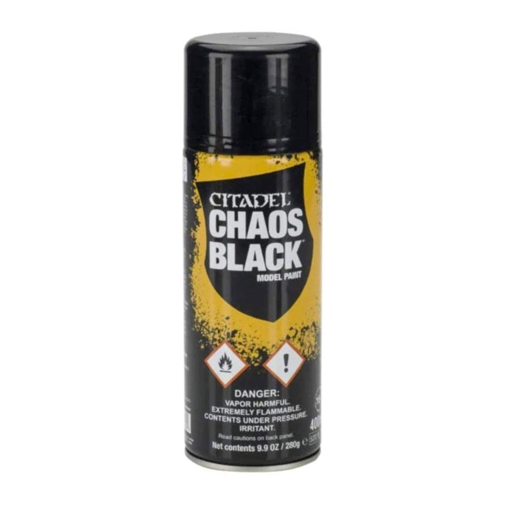 Games Workshop Chaos Black primer spray primes miniatures with smooth coverage and ready-to-paint base