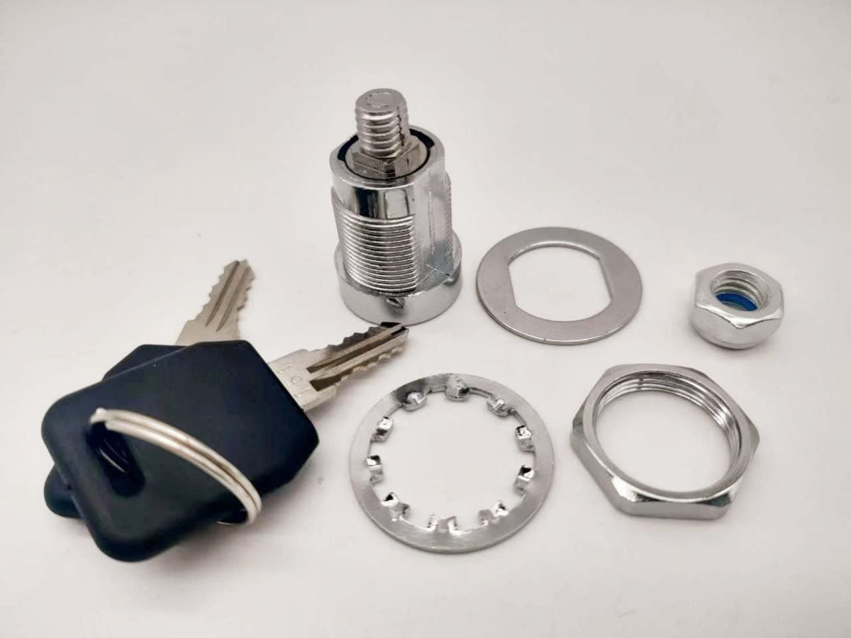 Armstrong replacement lock mounted on Stack-On cabinet showing bright chrome coating