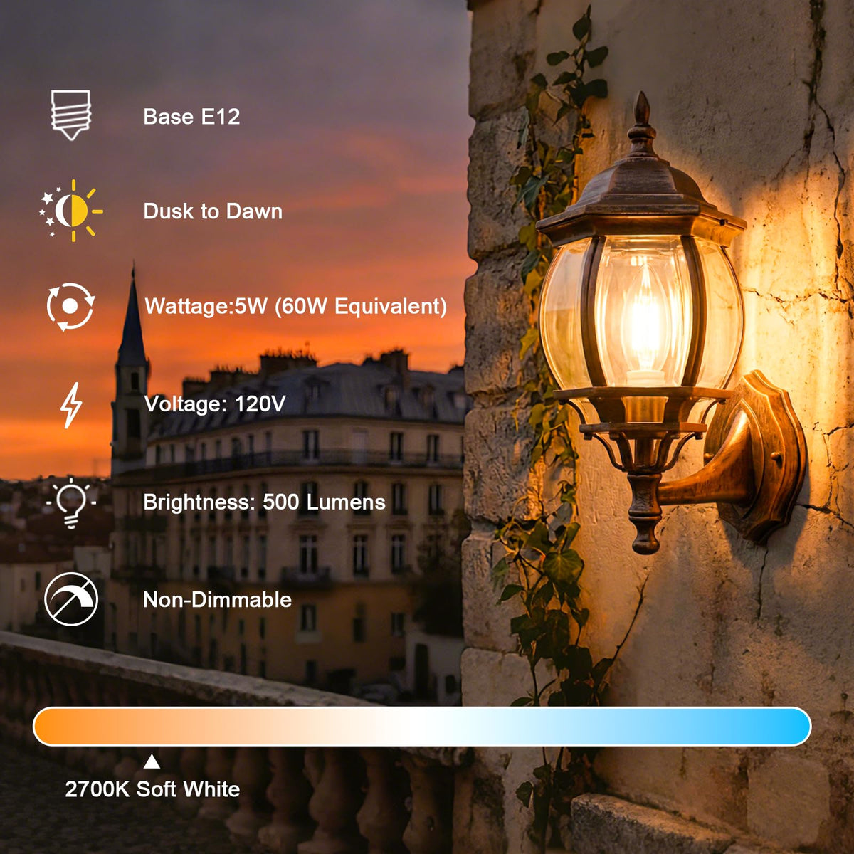 Ganiude E12 dusk-to-dawn bulb on covered patio with warm glow.