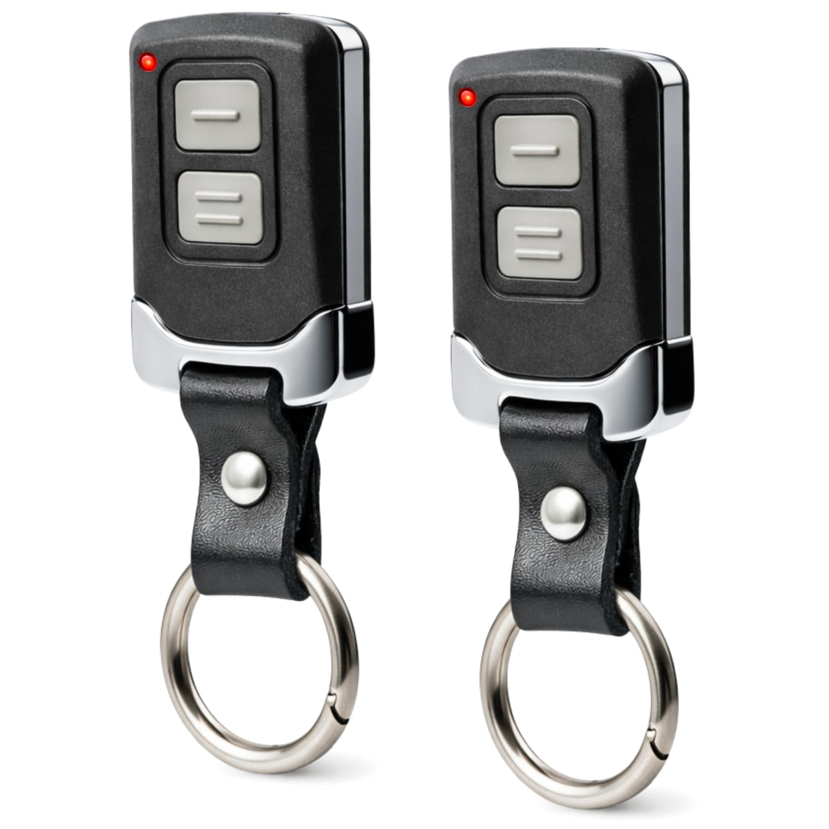 GARAGE STOP 2X Mini remote front view; compact keychain design for daily use.