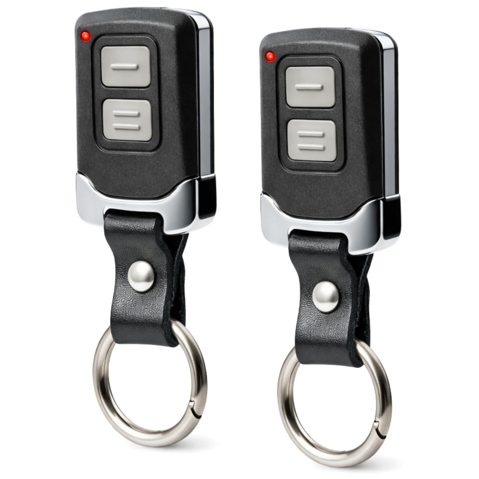 GARAGE STOP 2X Mini remote front view; compact keychain design for daily use.