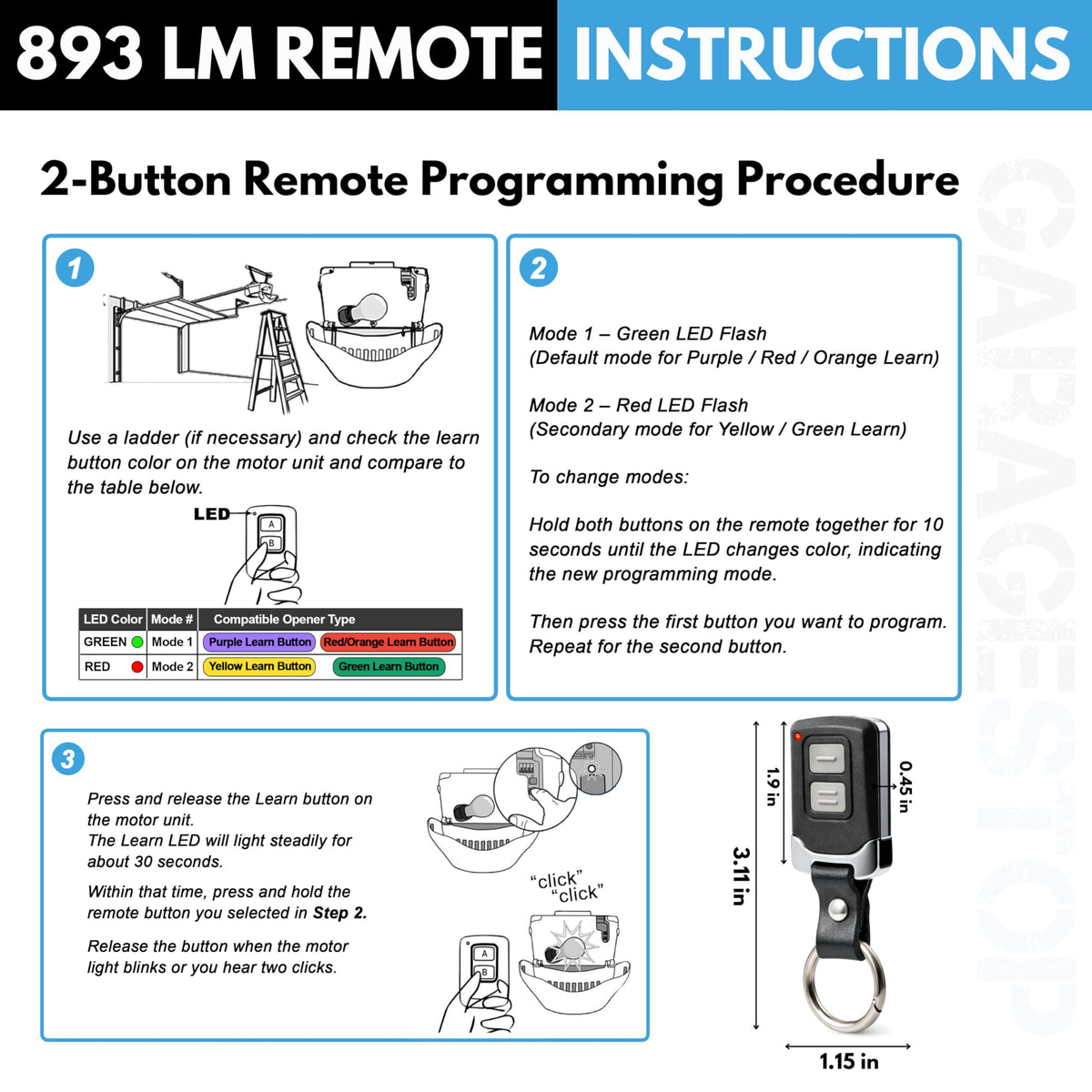 GARAGE STOP 2X Mini remote with keychain clip; portable control.