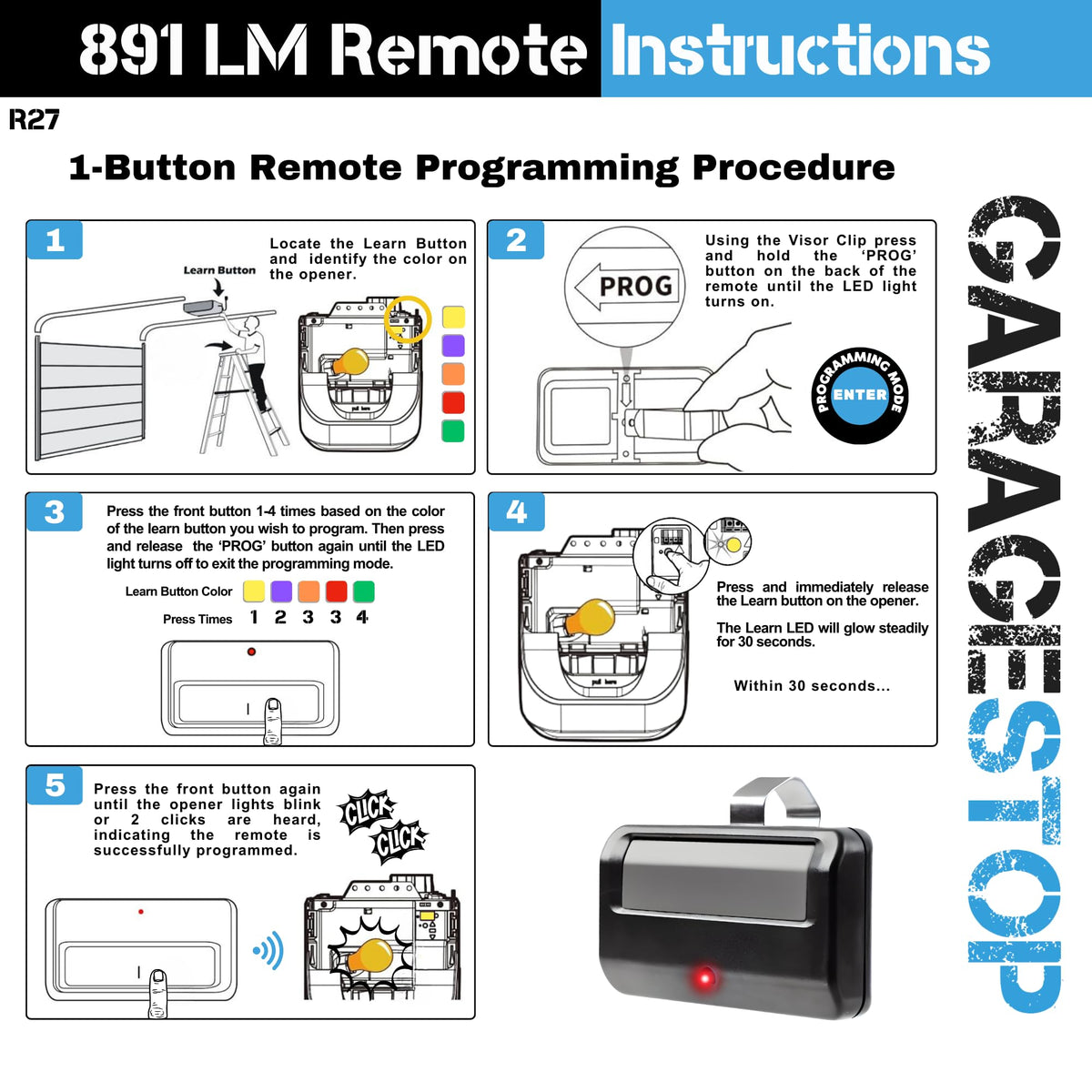 Garage Stop 891LM remote delivers up to 120 feet range for convenient access.