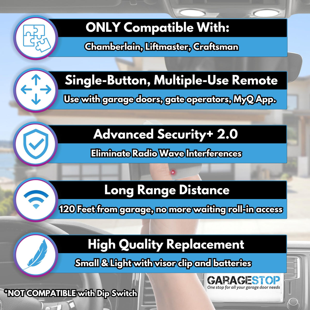 Garage Stop 891LM remote highlighting Security+ 2.0 rolling codes for reduced interference