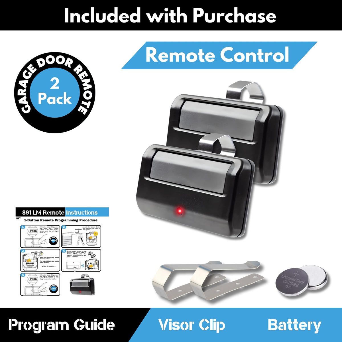 Garage Stop 891LM remote with visor clip for in-car use.