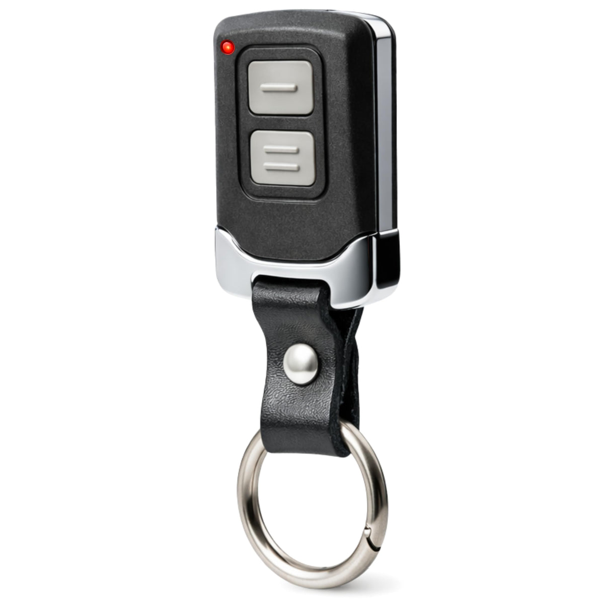GARAGE STOP Mini remote front view showing compact, compatible design for multiple brands.
