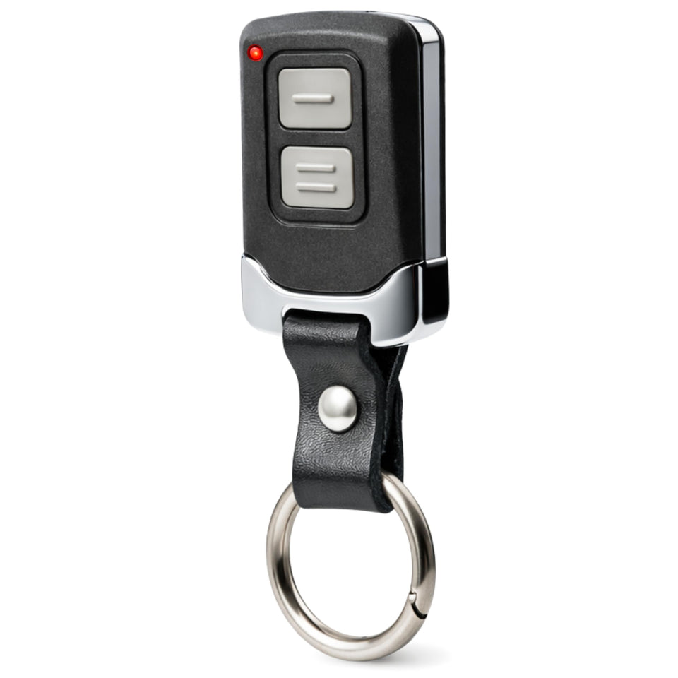 GARAGE STOP Mini remote front view showing compact, compatible design for multiple brands.