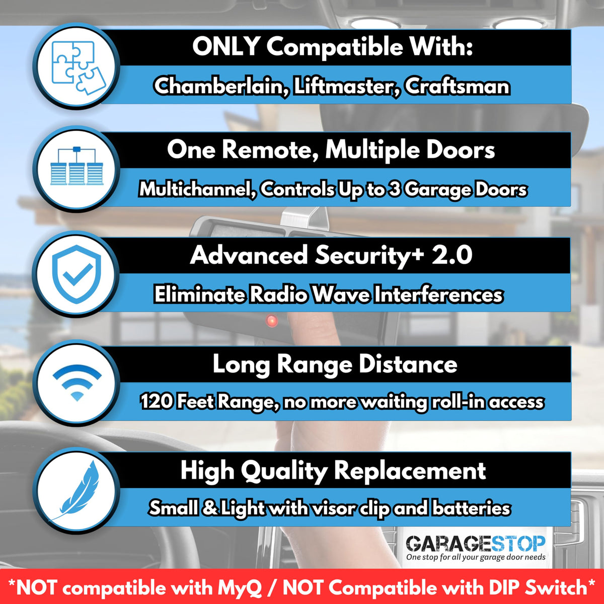GARAGE STOP remote battery CR2032 inside demonstrates quick replacement.