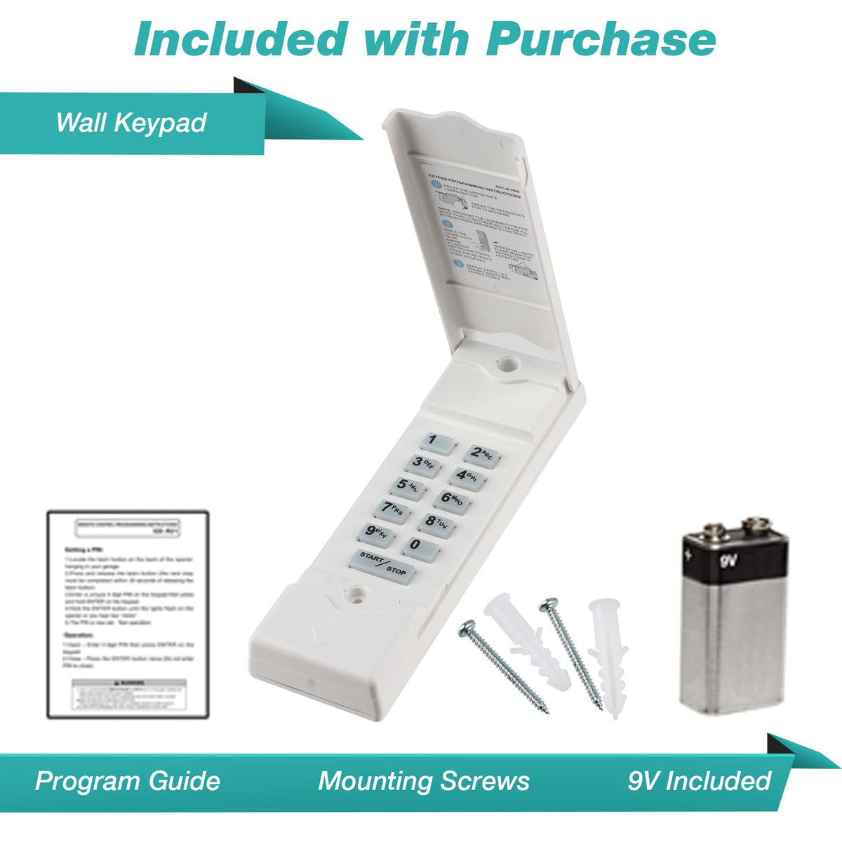 Easy programming and battery included highlight convenient setup for the GARAGE STOP keypad.