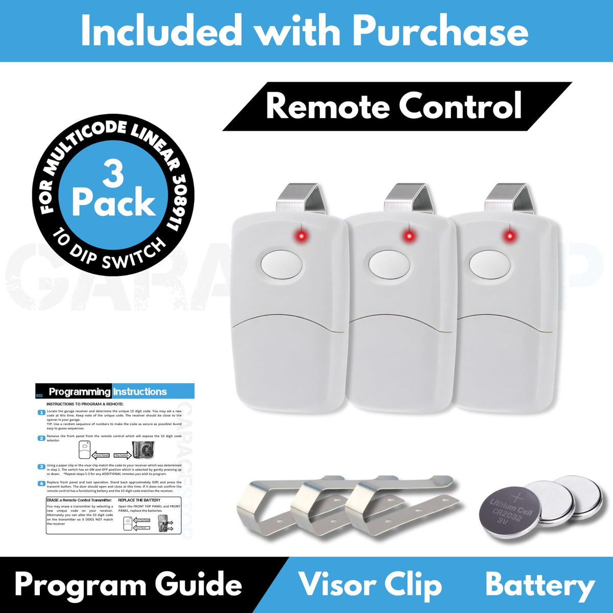 GARAGE STOP 10-dip switch remote with customizable security code.