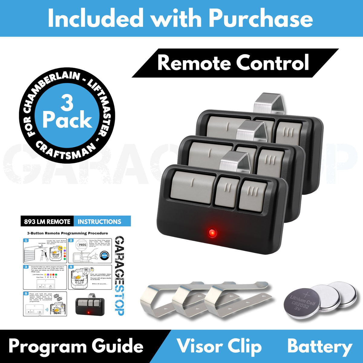 Garage Stop universal remote ready-for-programming label guides quick setup.