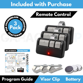 Garage Stop universal remote ready-for-programming label guides quick setup.