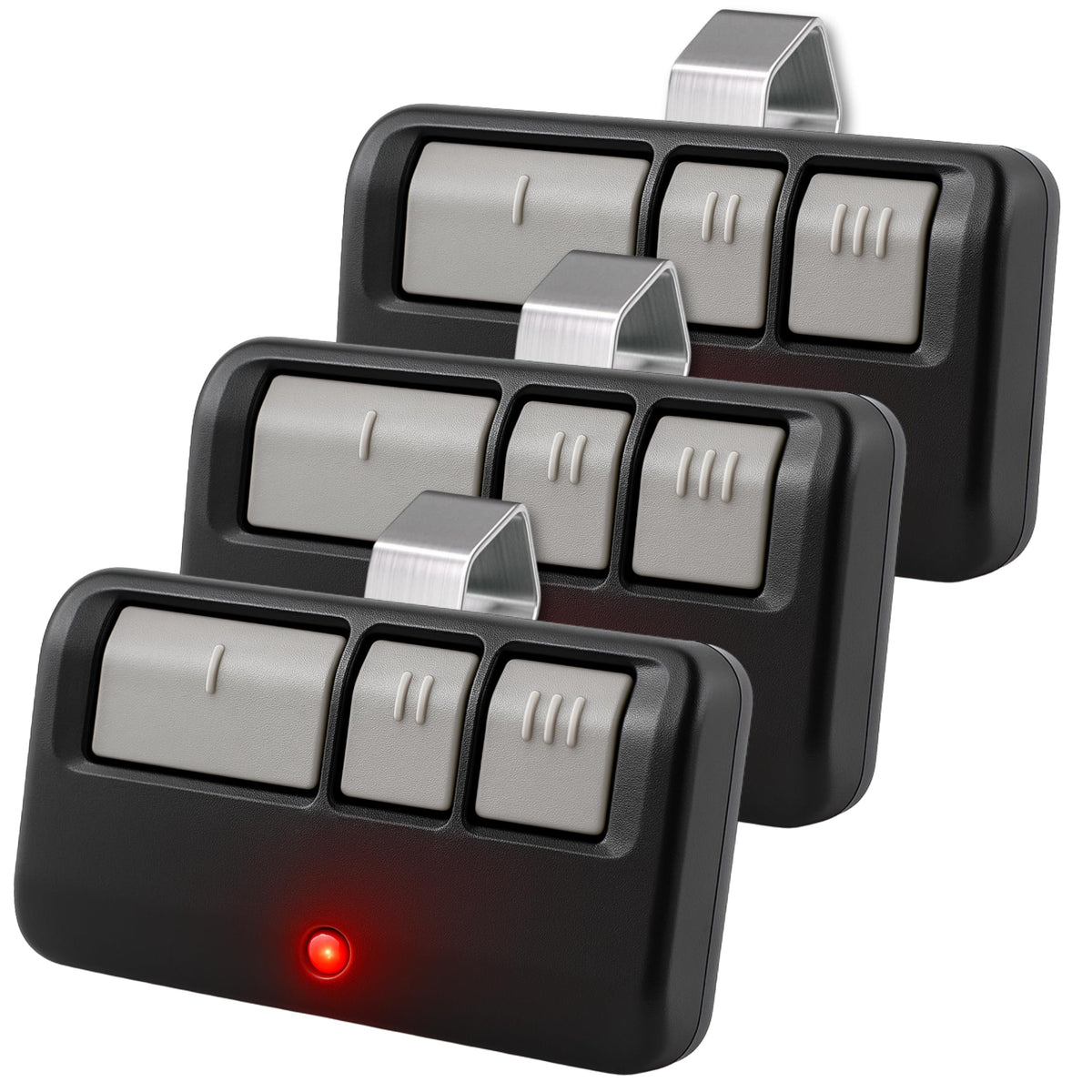 Garage Stop universal remote front view highlights compact design for easy grip.