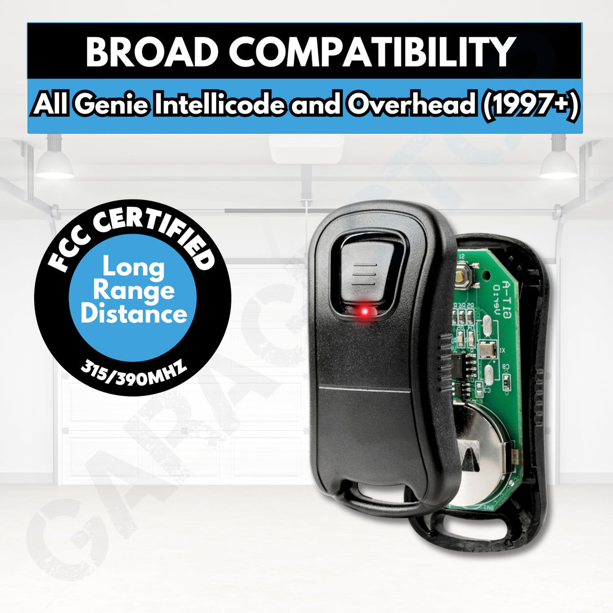 Garagestop aftermarket Genie remote image showing compatibility and replacement.