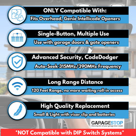 Garagestop Genie Intellicode remote with clip and battery included for quick setup.