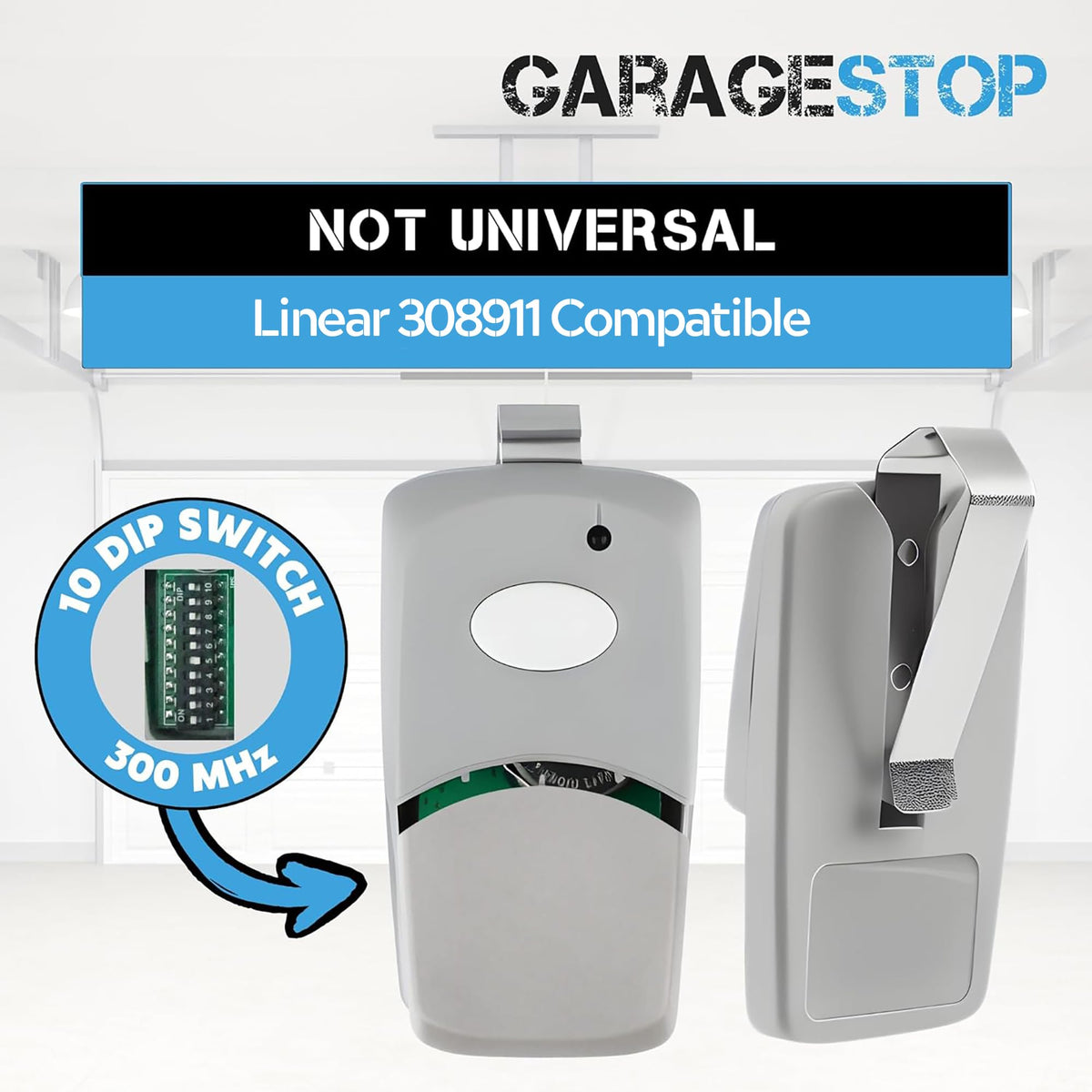 Garage Stop Multicode 308911 remote side angle showing compact, pocket-ready design.