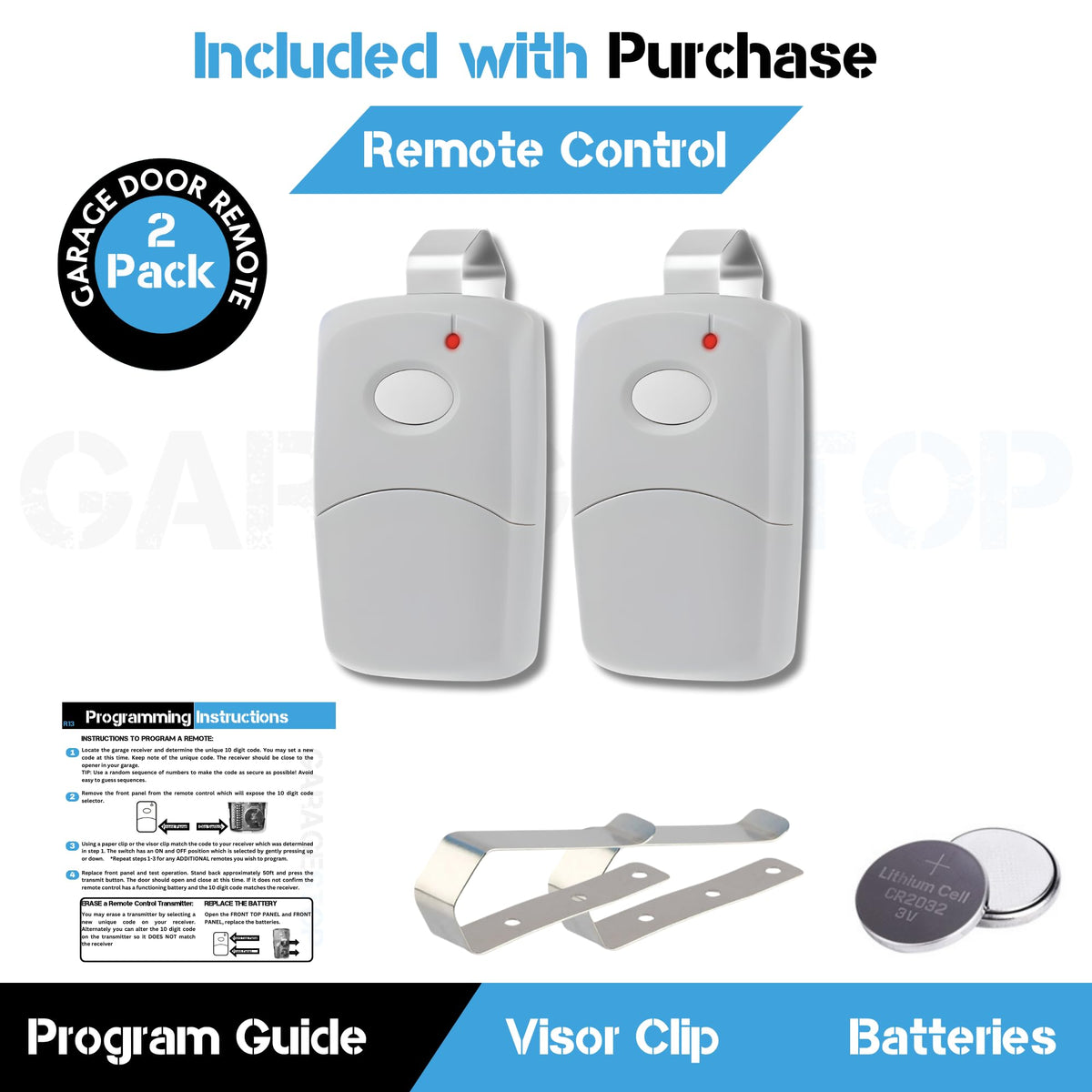 Garage Stop two-pack remotes with clip showcased for easy addition to car kit.