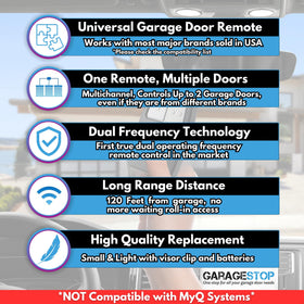 GARAGE STOP universal remote works with LiftMaster, Chamberlain, Genie.