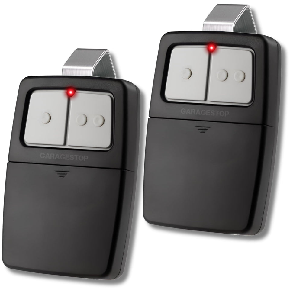 GARAGE STOP universal remote with two buttons for dual-door control.