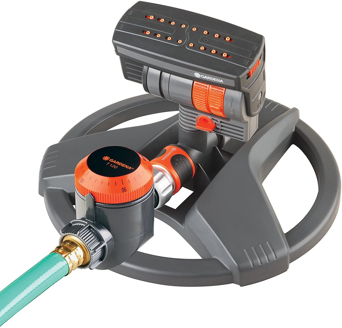 Gardena ZoomMaxx sprinkler in action with built-in timer for precise watering.
