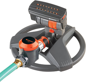 Gardena ZoomMaxx sprinkler in action with built-in timer for precise watering.