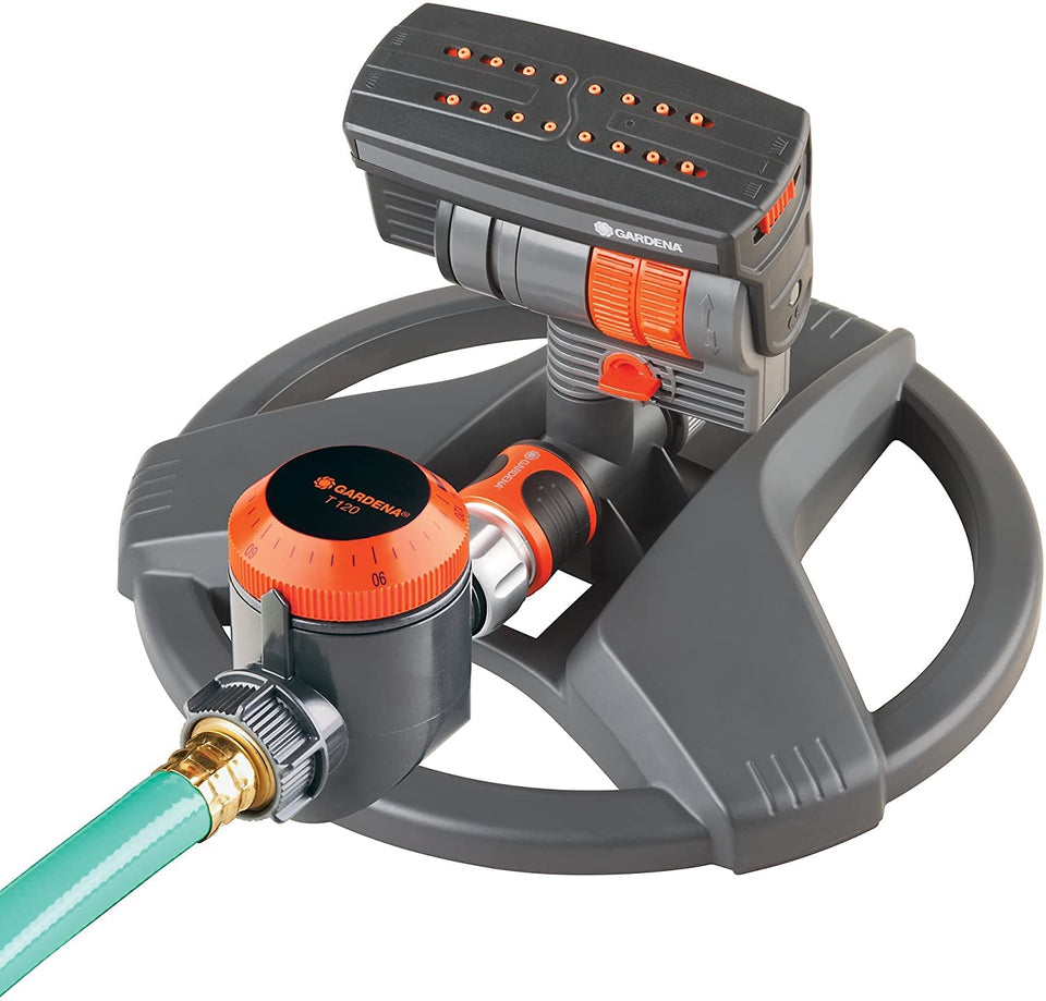 Gardena ZoomMaxx sprinkler in action with built-in timer for precise watering.