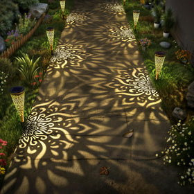 Gardencave mandala solar lights brighten garden corners with warm illumination.