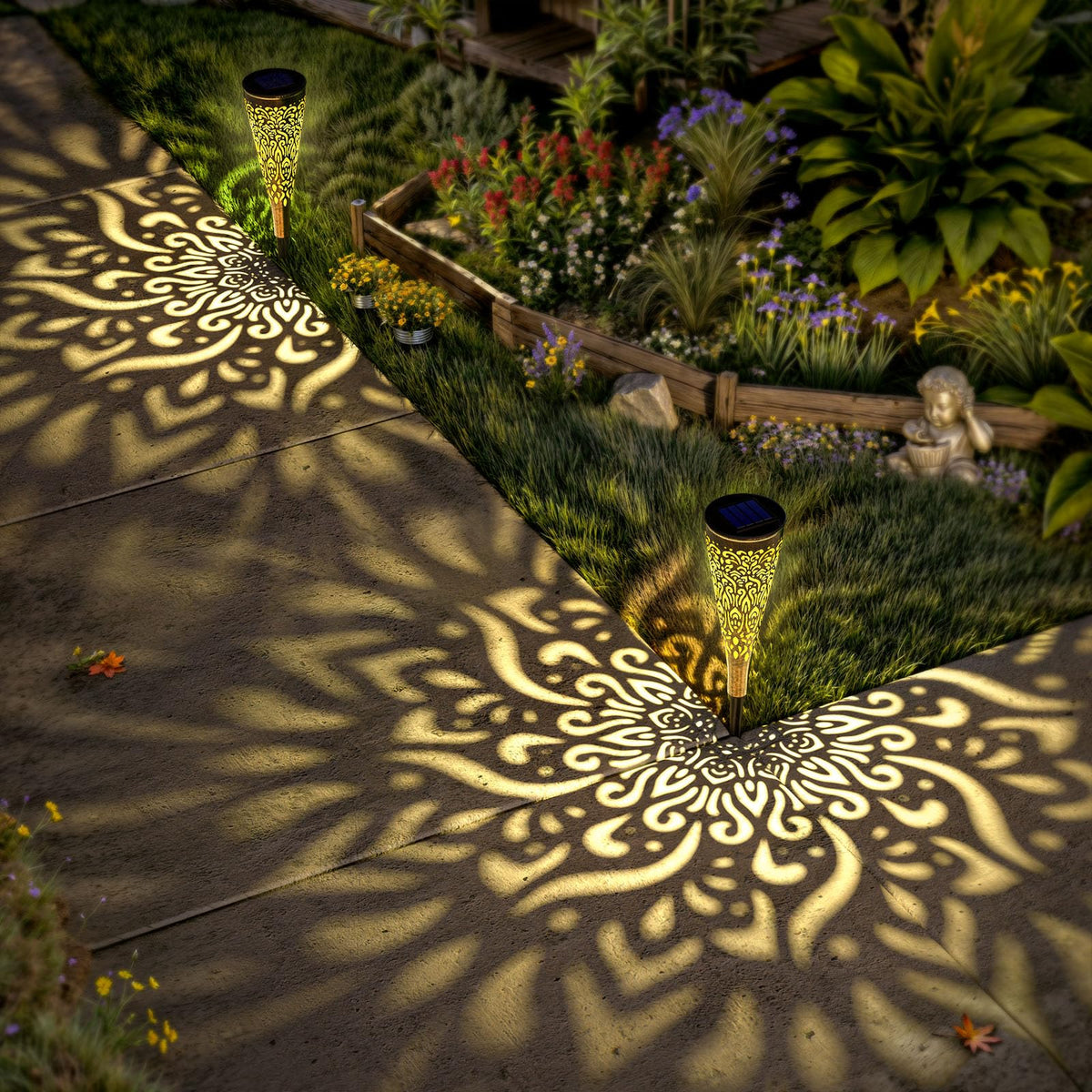 Gardencave solar lights along walkways offer easy nighttime visibility.