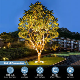 Gardencoin 72W LED tree lights deliver bright, even coverage for lush landscape features.