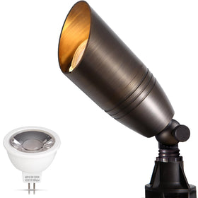 Gardencoin solid brass outdoor spotlight front view with warm 2700K glow for pathways