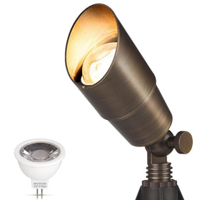 Gardencoin brass outdoor spotlight front view with warm 2700K glow for garden ambience.