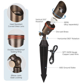 Gardencoin brass spotlight with angled beam for versatile uplighting on trees.