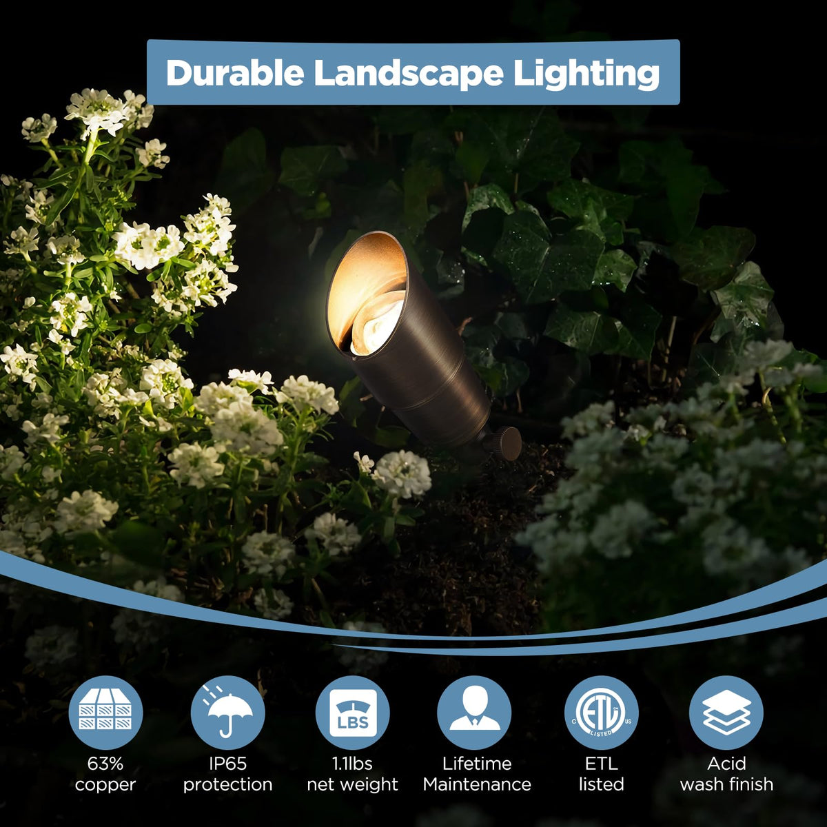 Gardencoin brass spotlight in side view suitable for continuous yard lighting.