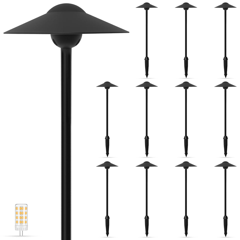 Gardencoin low voltage pathway light assembly glowing along a walkway