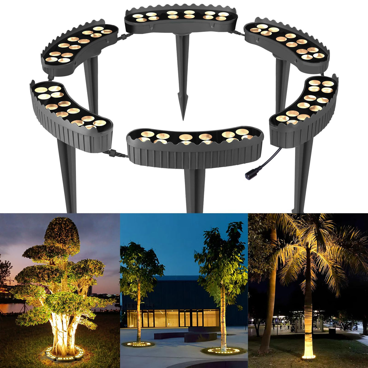 Gardencoin outdoor ring tree lights provide 360-degree illumination around trees for dramatic night accents.