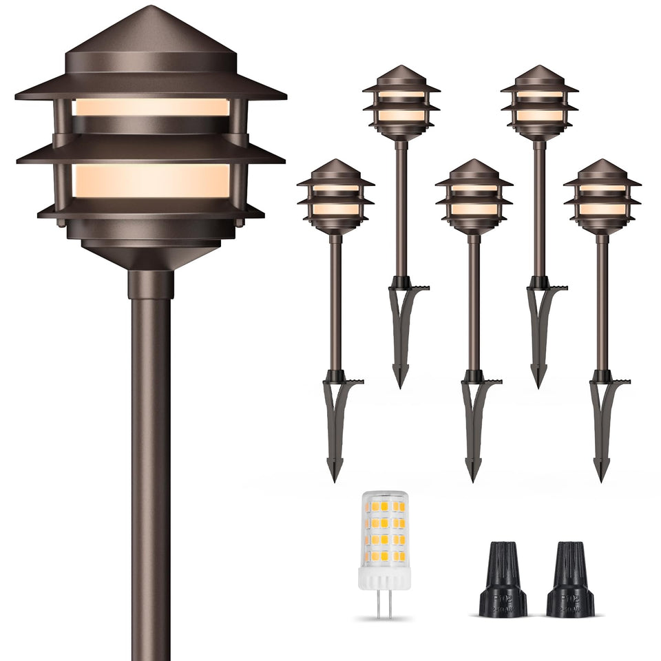 Gardencoin Pagoda bronze lantern front view with warm 2700K glow for paths