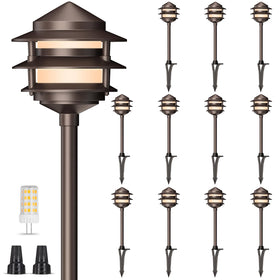 Gardencoin Pagoda lantern bronze front view with warm 2700K glow for welcoming walkways.
