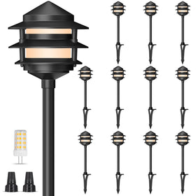 Gardencoin Pagoda lantern front view along a garden path with warm glow